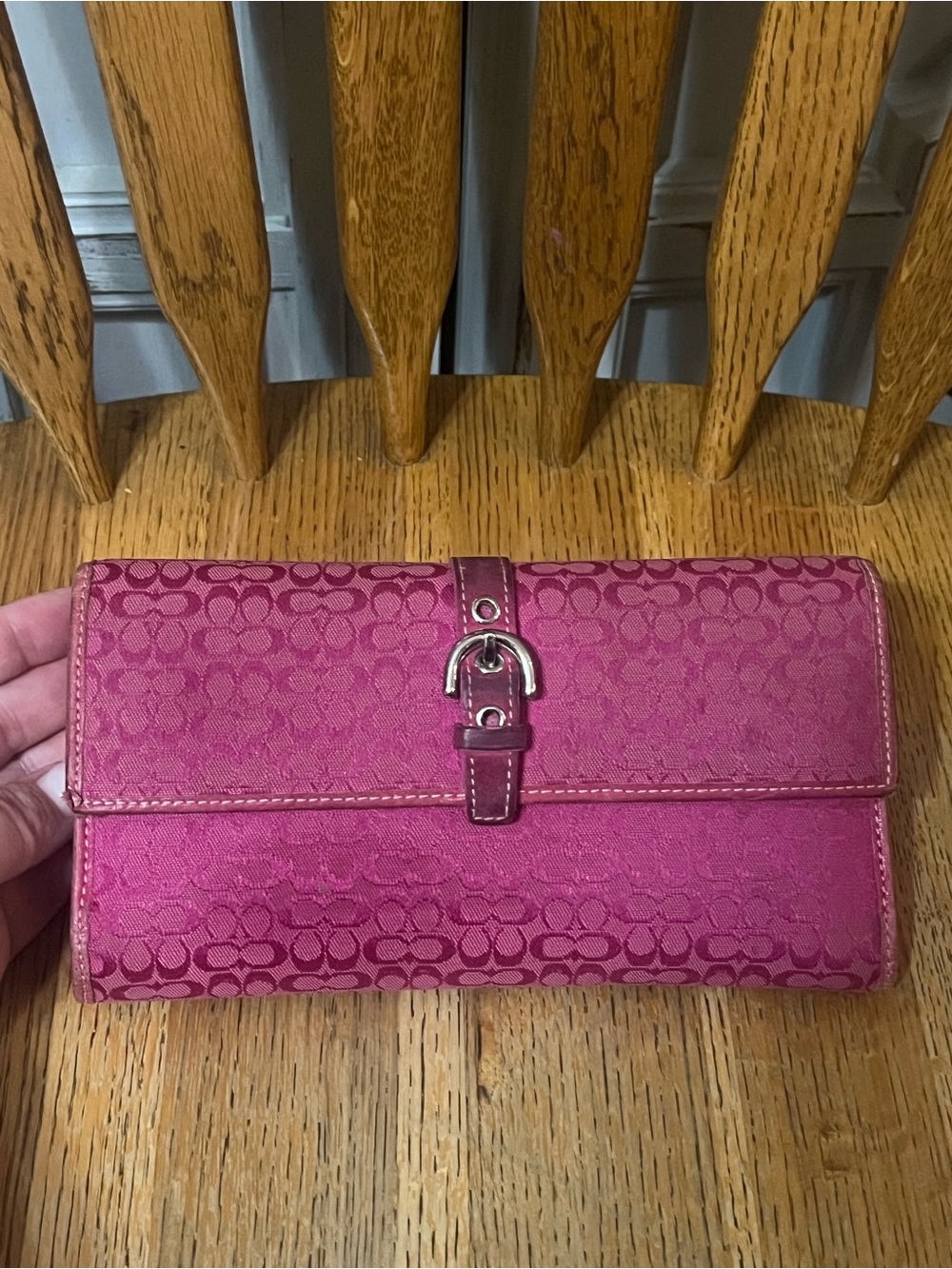 Coach Fuchsia Signature  Large Jacquard Wallet with Buckle Detail